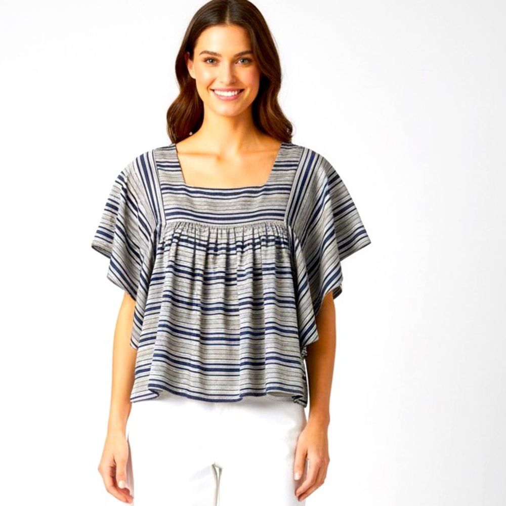 PJK Patterson J. Kincaid Originals Striped Flutter Sleeve Square Neck Silk Top
